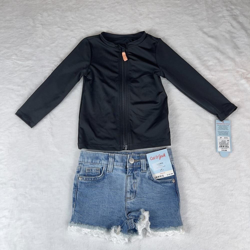 Cat & Jack Top & Shorts Set Toddler Girls‎ 2T Athletic Rash Guard Zip Up UPF 50+